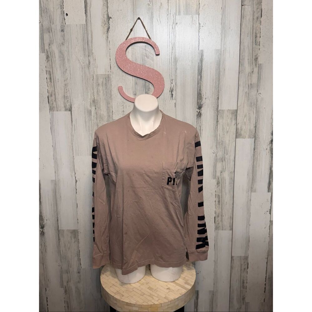 PINK Victoria’s Secret Long Sleeve Logo Tee Shirt Beige Size S
